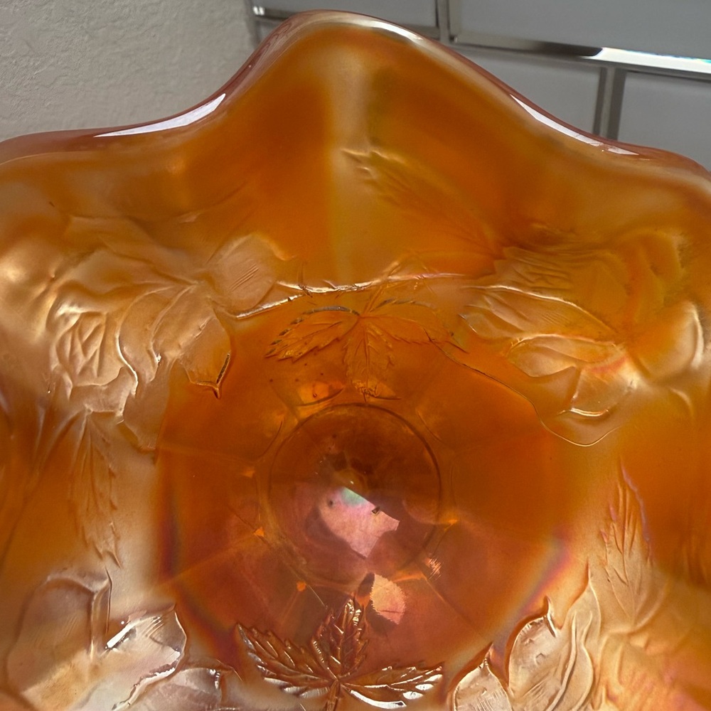 Vintage Carnival Glass Marigold Ruffled Edges Footed Bowl Iridescent Floral - Picture 14 of 17